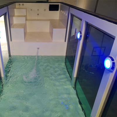Piscina de contêiner portátil moderna e pré-fabricada de luxo com parede de vidro de alta resistência
