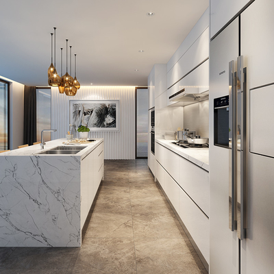 A madeira folheia o armário superior do mármore modular da placa da melamina dos armários de cozinha 18mm