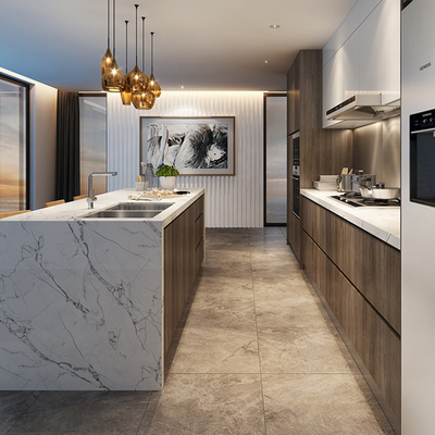 A madeira folheia o armário superior do mármore modular da placa da melamina dos armários de cozinha 18mm