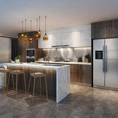 A madeira folheia o armário superior do mármore modular da placa da melamina dos armários de cozinha 18mm
