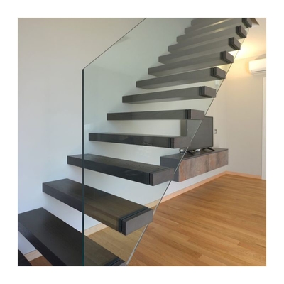 Escadaria de flutuação contemporânea personalizada do assoalho de folhosa das escadas com trilhos de vidro