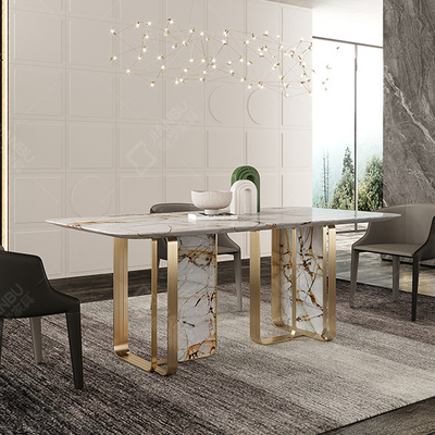 Mesa de jantar longa de mármore italiana personalizada com pés do metal do ouro